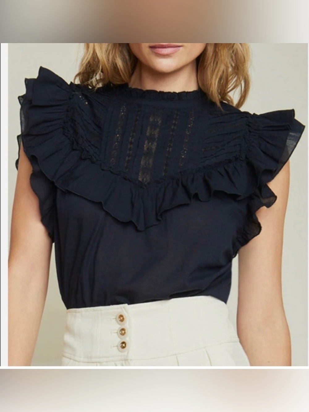 Veronica Beard Navy Blue Ruffle Pintuck Lace Cotton Boho Blouse Top Size 12